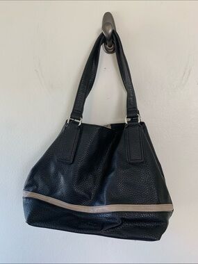 Oliver Expandable Black Pebbled Faux Leather Shoulder Bag with Taupe Accent